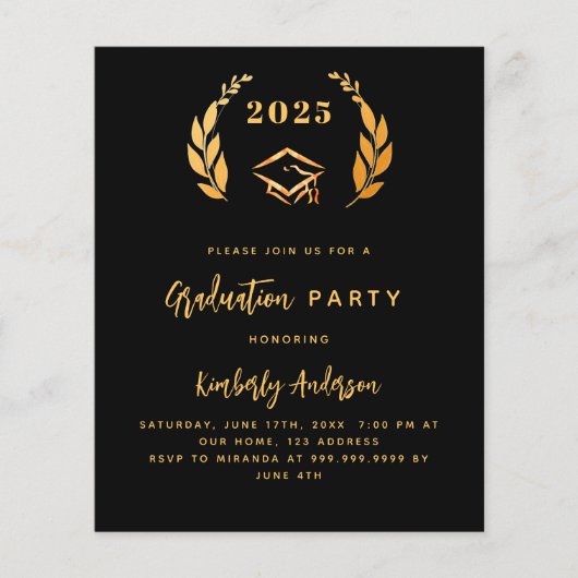 Zwarte gouden krans 2025 Graduation Party uitnodig (Voorkant)
