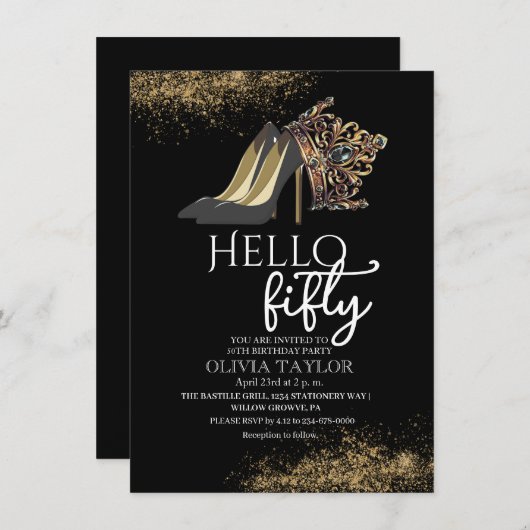 Zwarte gouden kroon 50e verjaardag kaart (Voorkant / Achterkant)