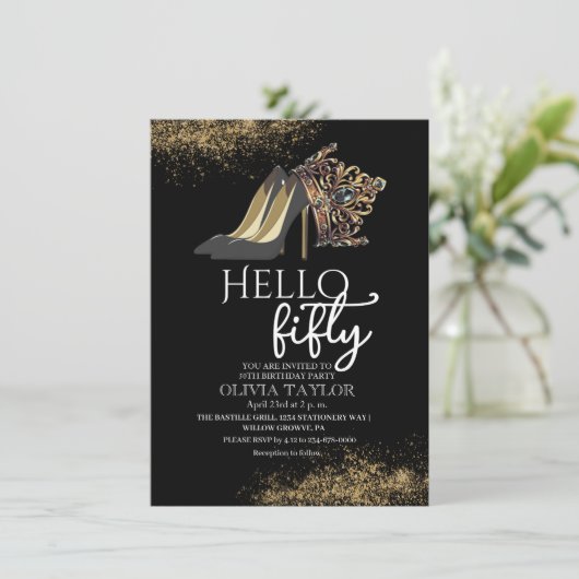 Zwarte gouden kroon 50e verjaardag kaart (Staand voorkant)