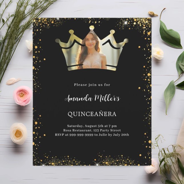 Zwarte gouden kroon foto Quinceanera uitnodiging (Creator heeft geüpload)