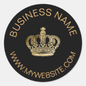 Zwarte gouden kroon naam website bedrijf ronde sticker (Voorkant)