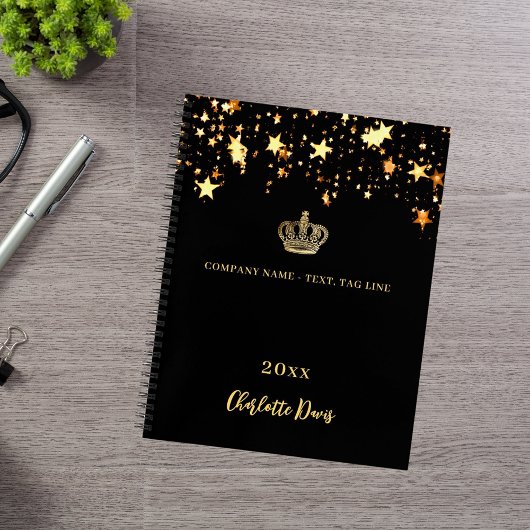 Zwarte gouden kroon sterren naam jaar bedrijf notitieboek