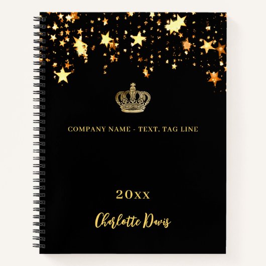 Zwarte gouden kroon sterren naam jaar bedrijf notitieboek (Voorkant)
