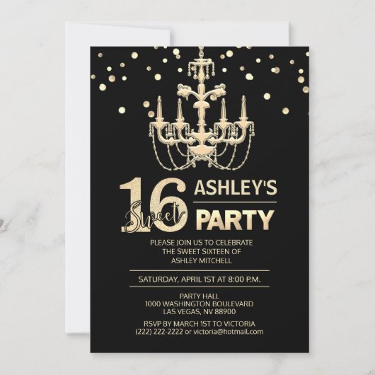 Zwarte Gouden Kroonluchter SWEET ZESTIEN 16 Party Kaart (Voorkant)