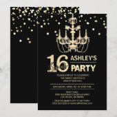 Zwarte Gouden Kroonluchter SWEET ZESTIEN 16 Party Kaart (Voorkant / Achterkant)
