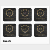 Zwarte Gouden Kuif Monogram Trouwgunst Vierkante Sticker (Vel)