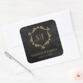 Zwarte Gouden Kuif Monogram Trouwgunst Vierkante Sticker (Envelop)