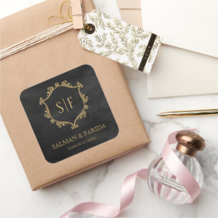 Zwarte Gouden Kuif Monogram Trouwgunst Vierkante Sticker