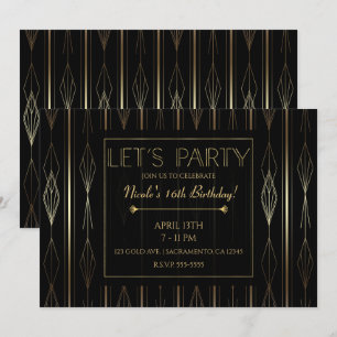 Zwarte & gouden kunst Deco Let's Party Birthday Kaart