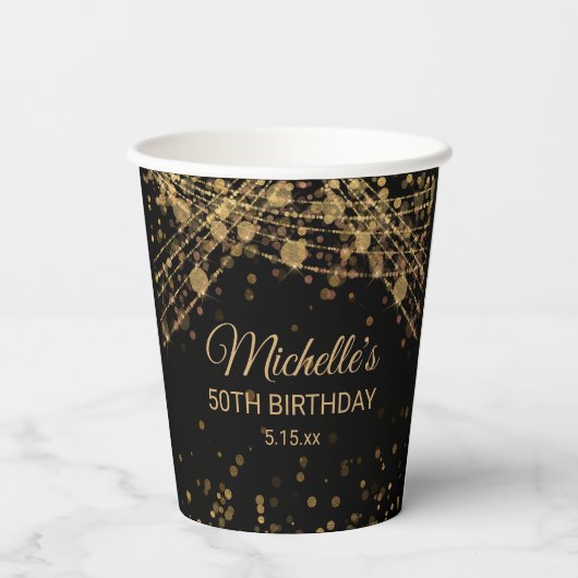 Zwarte gouden lampjes Glitter Adult Birthday Papieren Bekers (Achterkant)