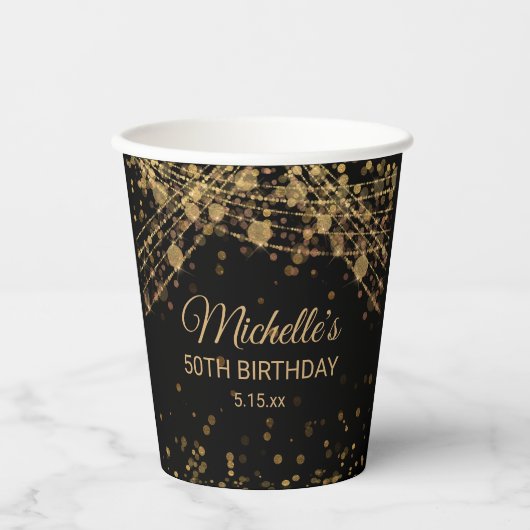 Zwarte gouden lampjes Glitter Adult Birthday Papieren Bekers (Voorkant)