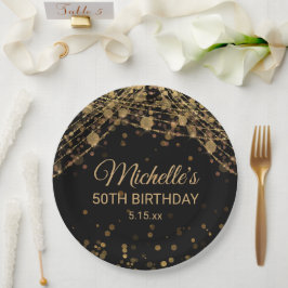 Zwarte gouden lampjes Glitter Adult Birthday Papieren Bordje