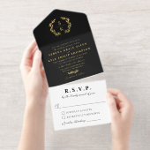 Zwarte Gouden Lauwerkrans Monogram Bruiloft All In One Uitnodiging (Uittrekbaar)