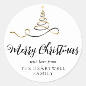 Zwarte Gouden Lint Boom Kerstmis Script Ronde Sticker (Voorkant)