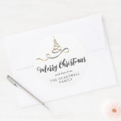 Zwarte Gouden Lint Boom Kerstmis Script Ronde Sticker (Envelop)