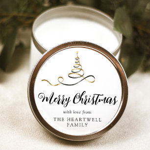 Zwarte Gouden Lint Boom Kerstmis Script Ronde Sticker