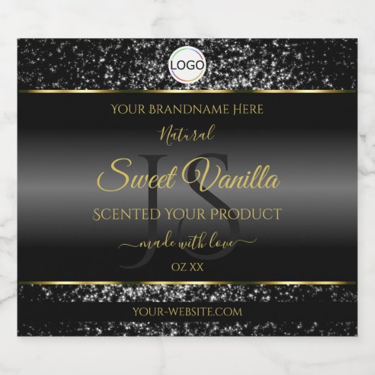 Zwarte Gouden Logo Initialen Glitter Productlabels Likeurfles Etiket (Enkel label)