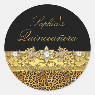 Zwarte & Gouden Luipaard Quinceanera Sticker