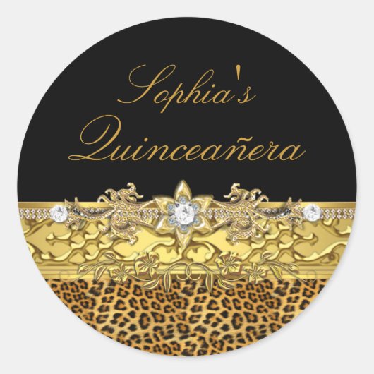 Zwarte & Gouden Luipaard Quinceanera Sticker (Voorkant)