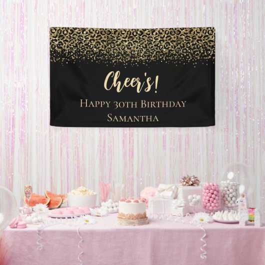Zwarte Gouden Luipaardprint Glitter Verjaardag Spandoek (Feest)