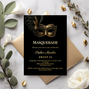 Zwarte gouden luxe Maskerade feest Sweet 16 Folie Uitnodiging