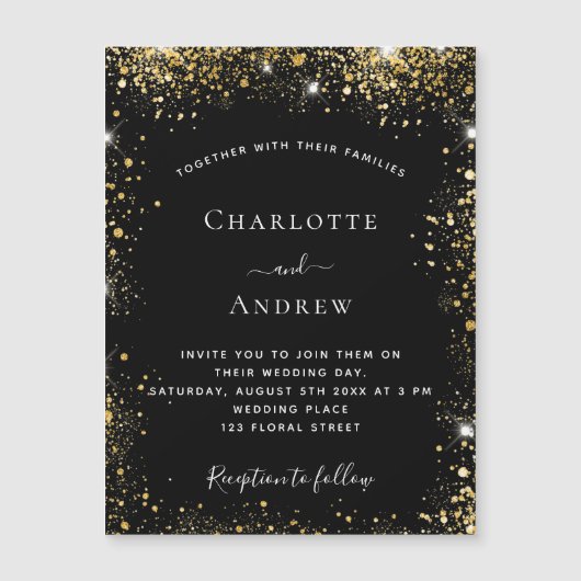 Zwarte gouden luxueuze bruiloft magnetische uitnodiging (Voorkant)