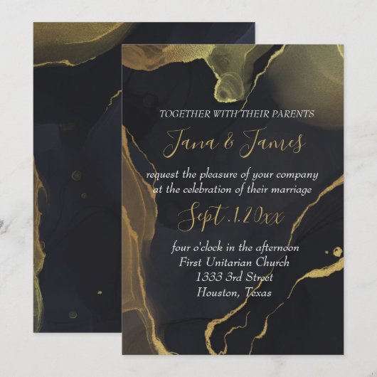 zwarte & gouden marmeren uitnodiging (Voorkant / Achterkant)
