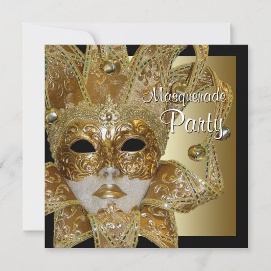 Zwarte Gouden Maskerade Feest Uitnodigingen (Voorkant)