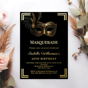 Zwarte gouden Masquerade luxe verjaardagsfeest Folie Uitnodiging
