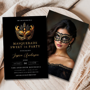 Zwarte Gouden Masquerade Sweet 16 Foto Verjaardags Kaart