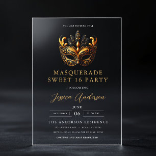 Zwarte Gouden Masquerade Sweet 16 Verjaardagsfeest Acryl Uitnodigingen