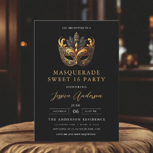 Zwarte Gouden Masquerade Sweet 16 Verjaardagsfeest Kaart