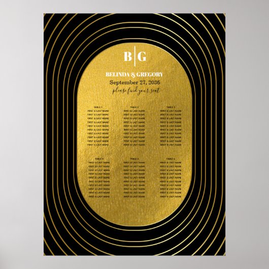 Zwarte & gouden moderne Arch Wedding Seating Chart Poster (Voorkant)