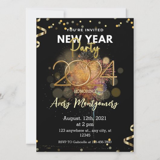 Zwarte Gouden Moderne Nieuwjaarsfeest Uitnodiging (Voorkant)