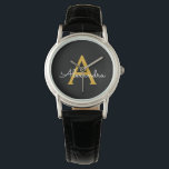 Zwarte Gouden Moderne Script Girlachtige Monogram  Horloge<br><div class="desc">Zwart en Goud Eenvoudige Script Monogram Naam Horloge. Dit is het perfecte afstudeer-,  verjaardags-,  trouw-,  bruidsjonker-,  jubileum-,  babyfeest- of vrijgezellenfeestcadeau voor iemand die van glamour luxe en chique stijlen houdt.</div>