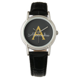 Zwarte Gouden Moderne Script Girlachtige Monogram  Horloge