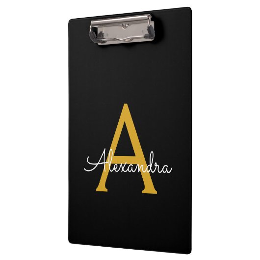 Zwarte Gouden Moderne Script Meisjes Monogram Naam Klembord (Links)