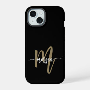 Zwarte Gouden Moderne Script Meisjesachtig Monogra iPhone 15 Case