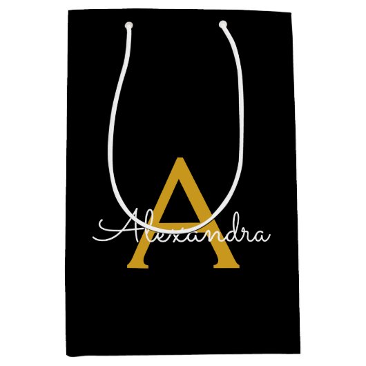 Zwarte Gouden Moderne Script Meisjesachtige Monogr Medium Cadeauzakje (Voorkant)