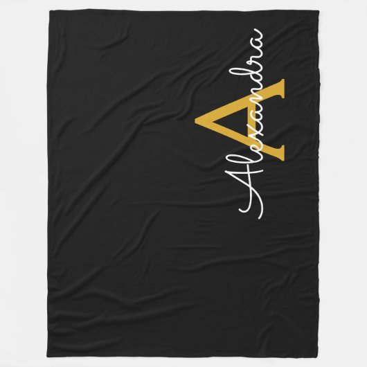 Zwarte Gouden Moderne Script Meisjesnaam Monogram Fleece Deken (Voorkant)