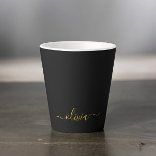 Zwarte Gouden Moderne Script Meisjesnaam Monogram Latte Mok