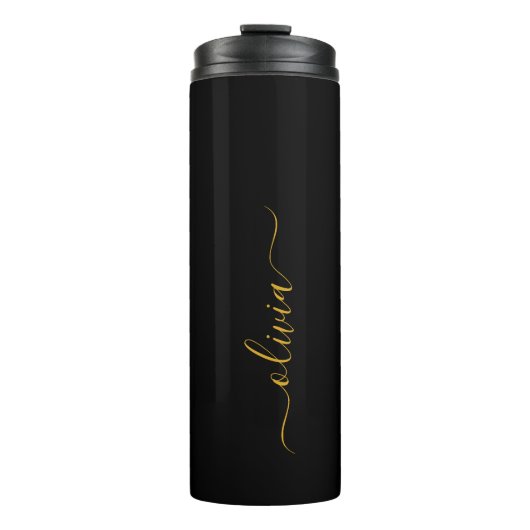 Zwarte Gouden Moderne Script Meisjesnaam Monogram Thermosbeker (Voorkant)