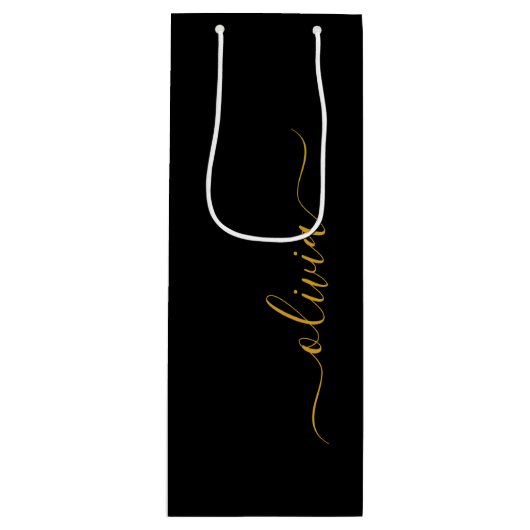 Zwarte Gouden Moderne Script Meisjesnaam Monogram Wijn Cadeautas (Voorkant)
