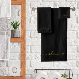 Zwarte Gouden Moderne Script Vrouwelijke Monogram  Bad Handdoek