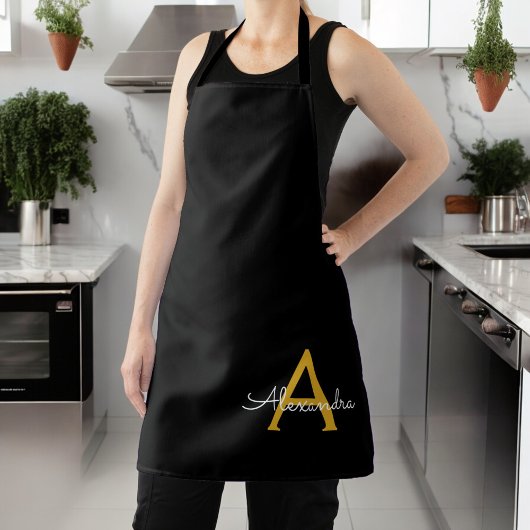 Zwarte Gouden Moderne Script Vrouwelijke Monogram Schort