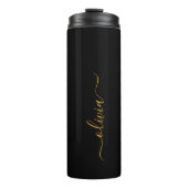 Zwarte Gouden Moderne Script Vrouwelijke Monogram Thermosbeker (Voorkant)