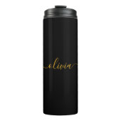 Zwarte Gouden Moderne Script Vrouwelijke Monogram Thermosbeker (Voorkant)