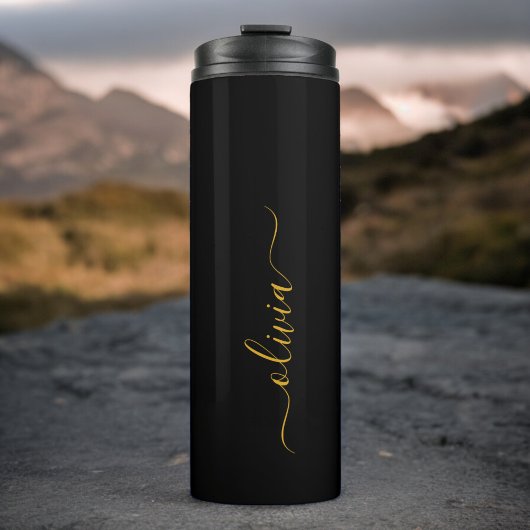 Zwarte Gouden Moderne Script Vrouwelijke Monogram Thermosbeker