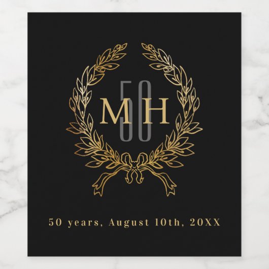 Zwarte gouden monogram 50ste huwelijksverjaardag wijn etiket (Enkel label)