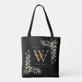 Zwarte Gouden Monogram Aquarel Groene Bladeren Tot Tote Bag (Achterkant)